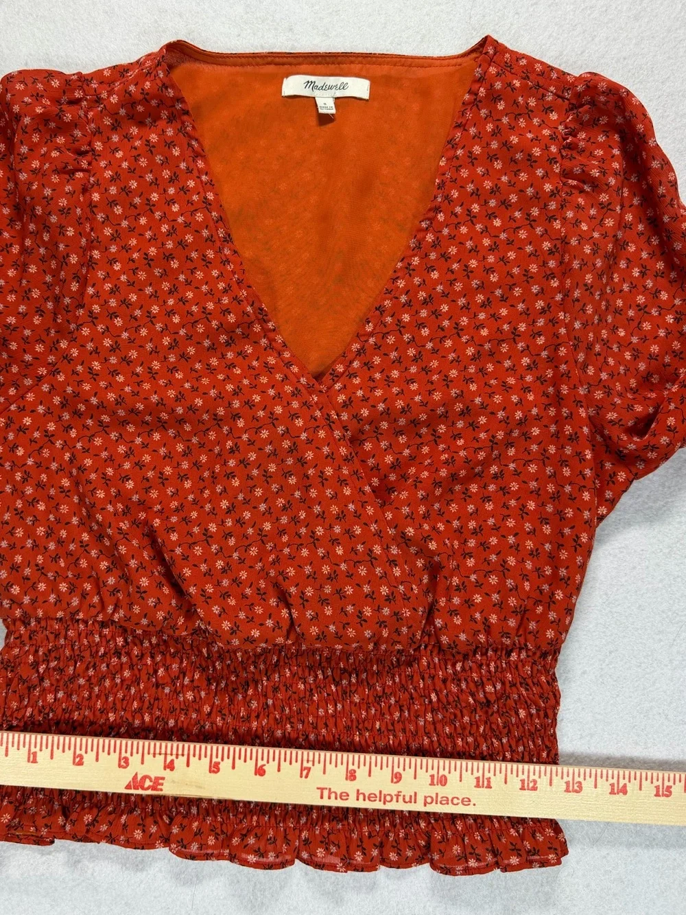 Madewell Red Floral Faux Wrap Wide Elastic Waist Blouse Size Small Puff Sleeve S